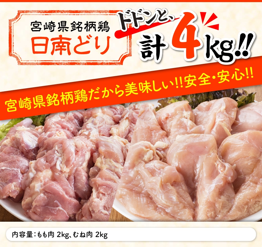 宮崎県産日南どり」もも肉＆むね肉セット４kg 鶏肉: 宮崎県川南町｜JRE MALLふるさと納税