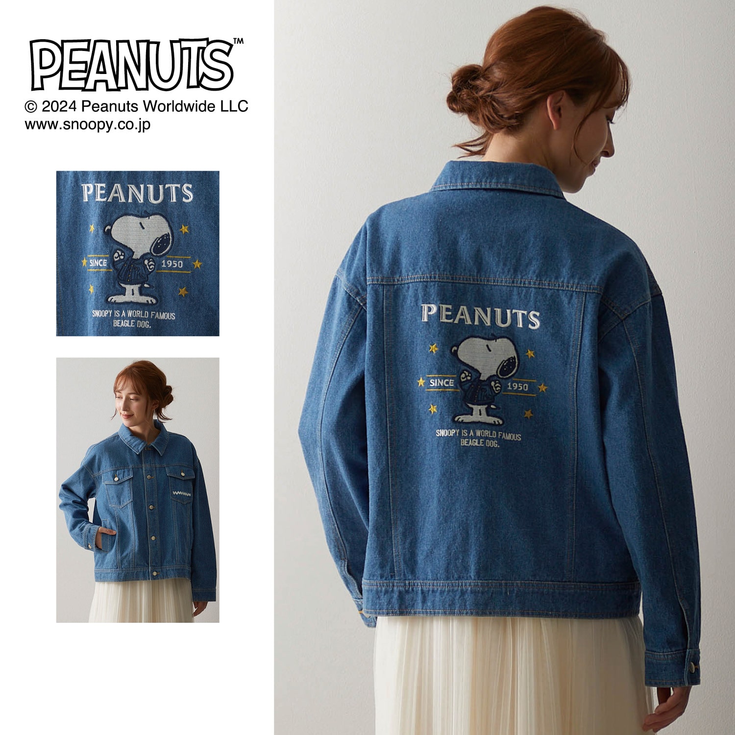 ベルメゾン PEANUTS 刺繍デニムジャケット「スヌーピー」 ネイビー Ｍ ...