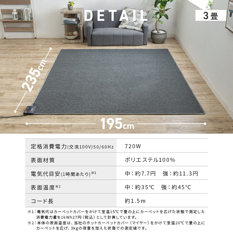 TEKNOS 3畳用ホットカーペット 本体 195×235cm HC-IR300【プラザ