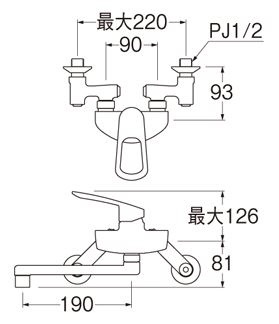 壁付きツーホール/シングルレバー分岐混合栓 K1712E3U13 [壁付タイプ