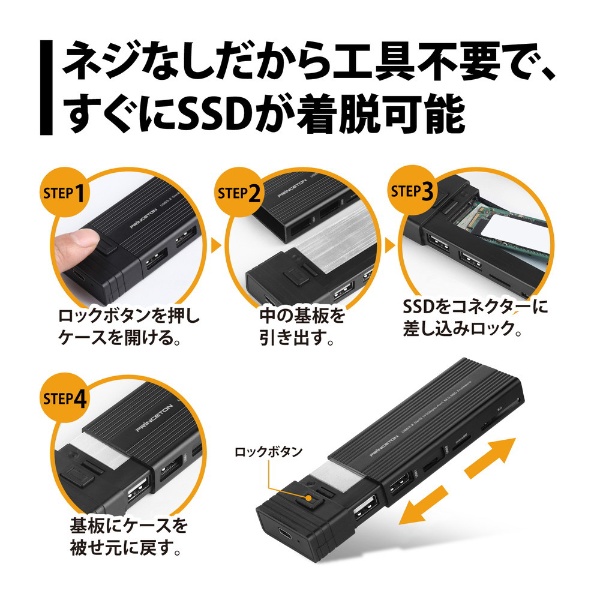 SSDケース USB-C＋USB-A接続 カードスロットｘ2 / USB-Aｘ2 (Chrome