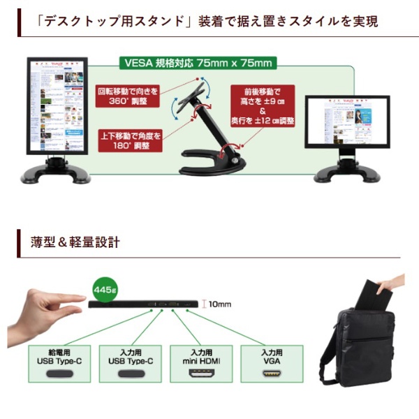 USB-C接続 PCモニター LCD11HCR-IPS [11.6型 /フルHD(1920×1080