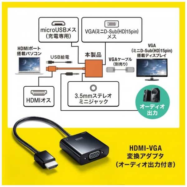 映像変換アダプタ [HDMI オス→メス VGA] micro USBメス給電 /φ3.5mm