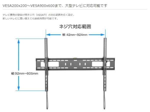 GH-WMTA-BK 大型テレビ用 壁掛け金具 60～100型用 ブラック(ブラック