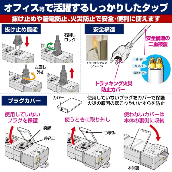 カバー付事務所向けタップ OAT-JPC63SB [3.0m /6個口 /スイッチ無