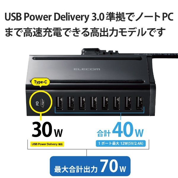 USB Type-C 充電器 PD対応 合計出力70W タイプC ×1 タイプA ×8