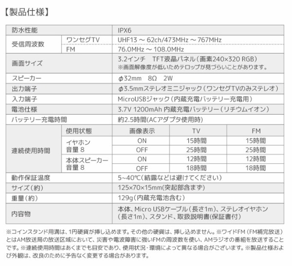 3.2インチ 防水ワンセグラジオ ホワイト SH-GDTV-RA [ワイドFM対応