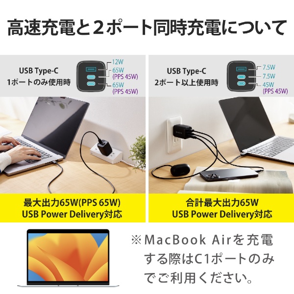 USB Type-C 充電器 PD PPS対応 合計出力 65W Type C ×2 USB A ×1