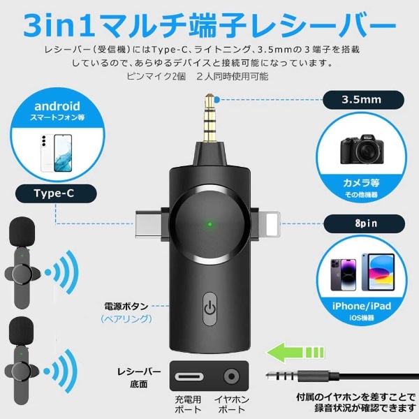 RM スマートフォン用ワイヤレスマイク(3 in 1) ピンマイク2個付き RM