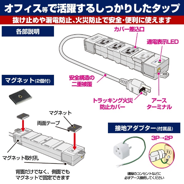 カバー付事務所向けタップ OAT-JPC43B [3.0m /4個口 /スイッチ無