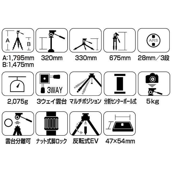 SLIK カーボン三脚 ライトカーボン E83 3段 ナットロック式 28mmパイプ