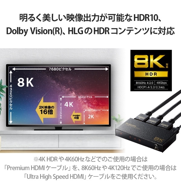 HDMI 切替器 ブラック DH-SW8KP21BK [2入力 /1出力 /4K対応](ブラック