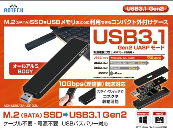 SATA M.2（NGFF接続タイプ）SSDケース AOK-M2SATA-U31G2U ブラック