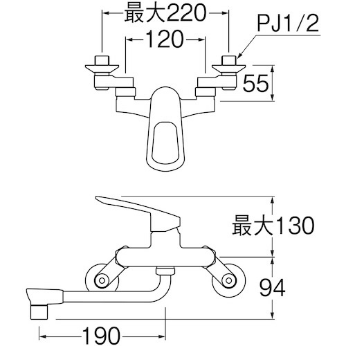 ＳＡＮＥＩ 壁付き2穴 シングルレバー分岐混合栓（キッチン用