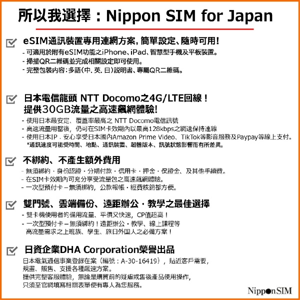 eSIM端末専用】Nippon SIM for Japan180日 30GB 日本国内用 DHA-SIM