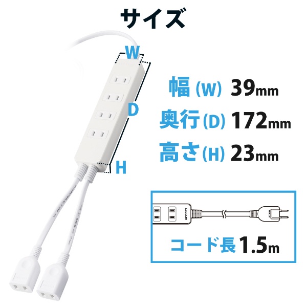 電源タップ 延長コード コンセント 1.5m 2P 本体部4個口 独立部2個口 