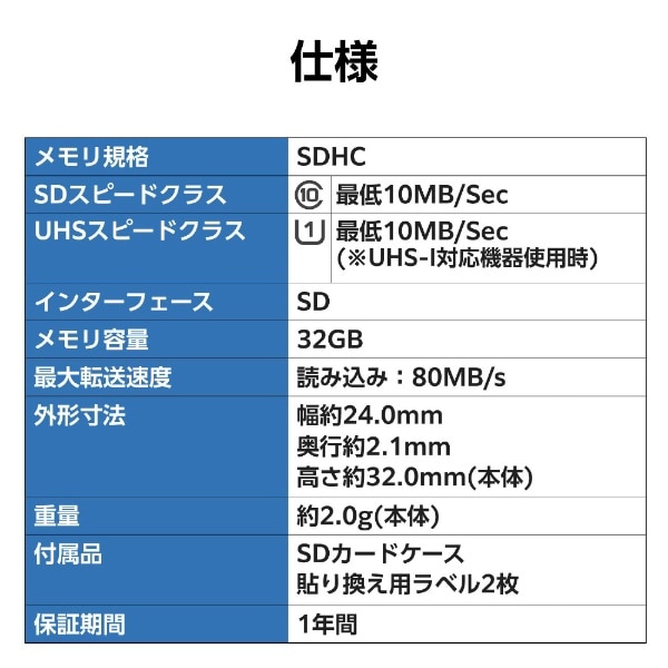 SDカード SDHC 32GB Class10 UHS-I U1 80MB/s ラベル SDカードケース