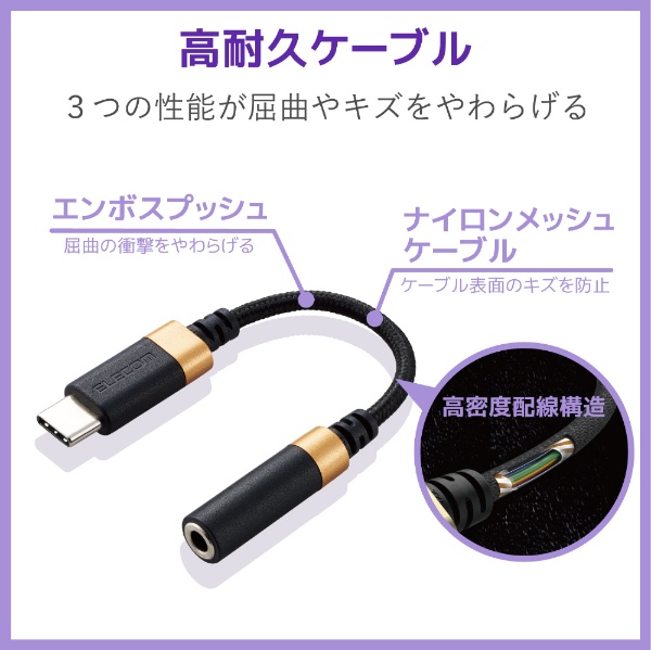 Type-C-4極φ3.5mmステレオミニプラグ変換ケーブル 高耐久 ハイレゾ DAC