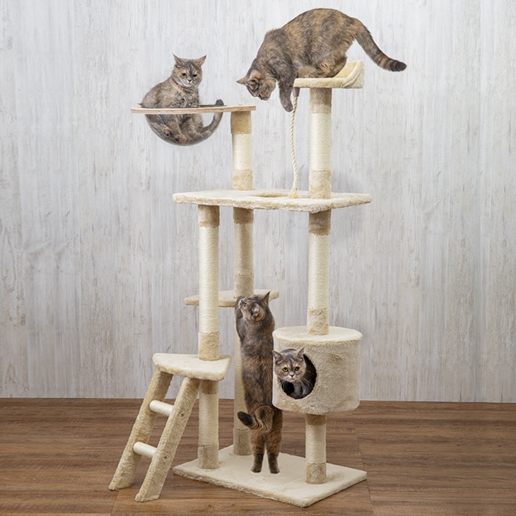NEW キャットタワー [グレー] 据え置き 肉球クリアベッド付き 猫 