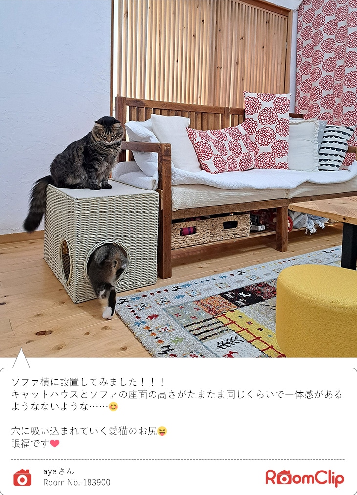 ソファサイドキャットハウス [アイボリー] 猫ベッド 洗える ラタン風 