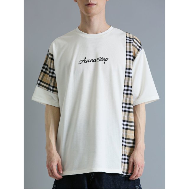 チェック切替 クルーネック半袖ルーズTシャツ【semantic design】(M 01