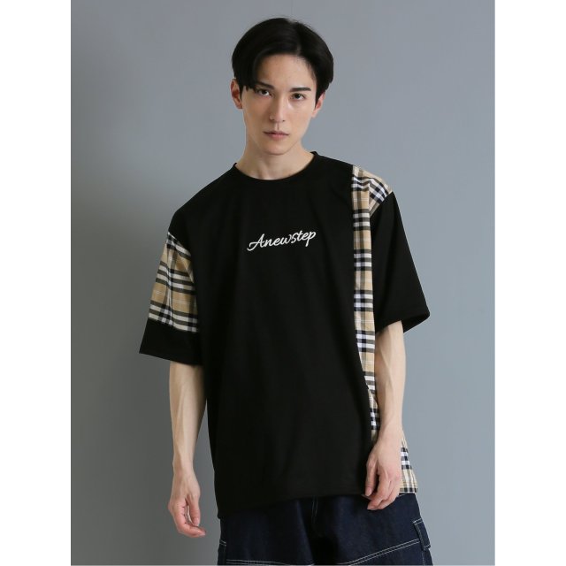 チェック切替 クルーネック半袖ルーズTシャツ【semantic design】(L 05