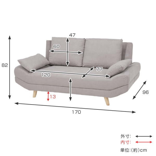 ソファ 幅170cm ２人掛け ソファー 布張り ファブリック 脚付き ロー