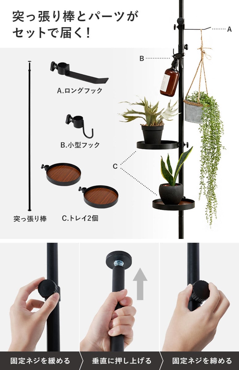 突っ張りポールラック 丸型トレイ2個 フック付 高さ調整 見せる収納