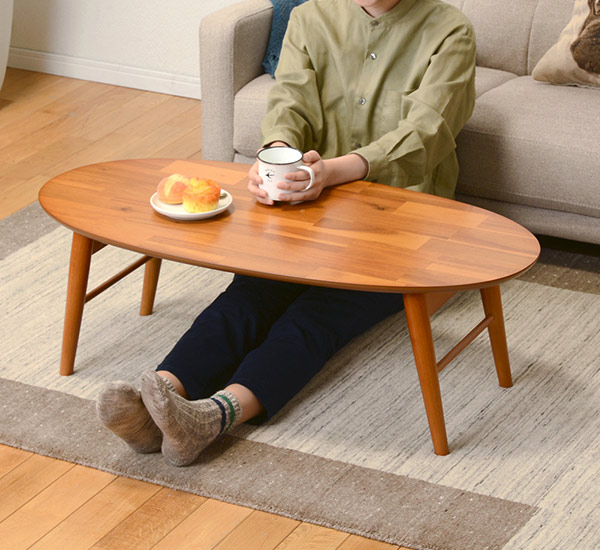 売上安い棚付折れ脚テーブル オーバル楕円形 ローテーブル 完成品 幅90 ダークブラウン 折たたみテーブル