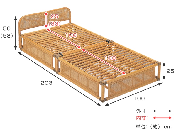 籐 シングルベッド 軽量 2分割 ラタンフレーム （ 家具 ベッド 籐家具