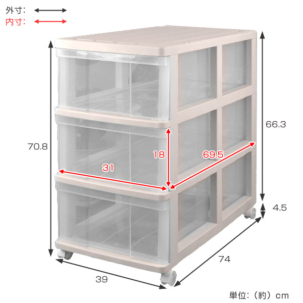 収納ケース 押入れ収納ケース 3段 引き出し キャスター付き 奥行74cm ...