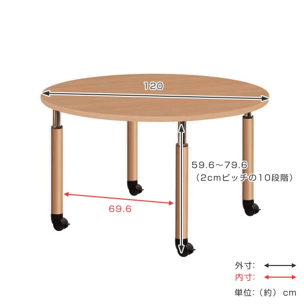 昇降式テーブル 幅120cm 円形 高さ調節 キャスター脚 介護施設 福祉