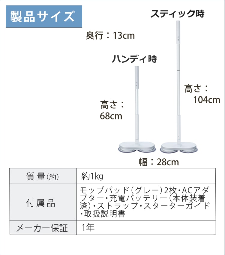 正規品】電動 回転モップ ネオプラス （Neo+ neoプラス） ZJ-MA21-WH